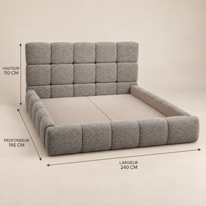 Lit Plateforme Gris Chiné en Tissu Bouclé, Tête de Lit et Cadre Matelassés en Carreaux