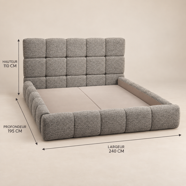 Lit Plateforme Gris Chiné en Tissu Bouclé, Tête de Lit et Cadre Matelassés en Carreaux