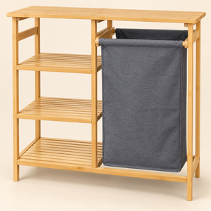 Meuble rangeage 2 en 1 en bambou – Étagère 3 niveaux et panier à linge en tissu gris
