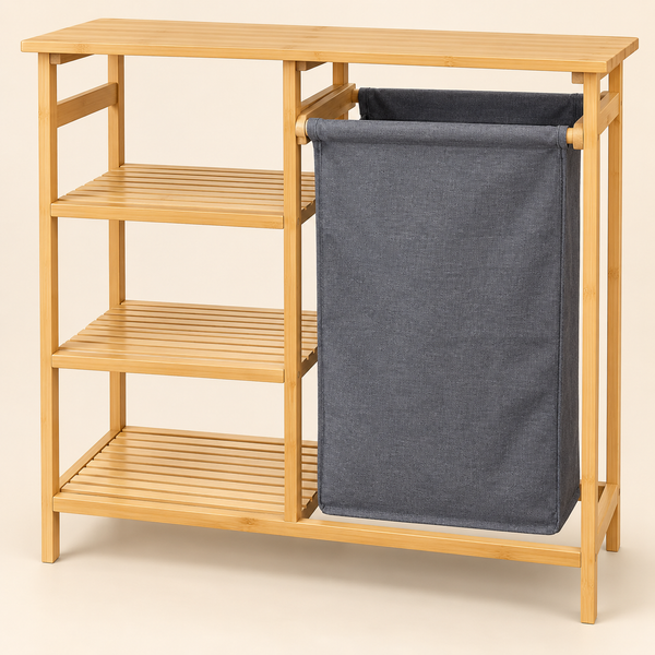 Meuble rangeage 2 en 1 en bambou – Étagère 3 niveaux et panier à linge en tissu gris