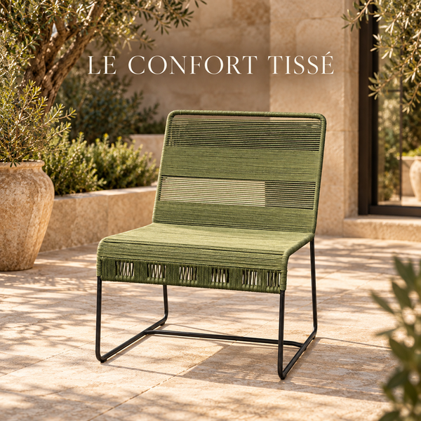 Fauteuil lounge en corde tressée – Structure luge en métal noir et assise vert olive