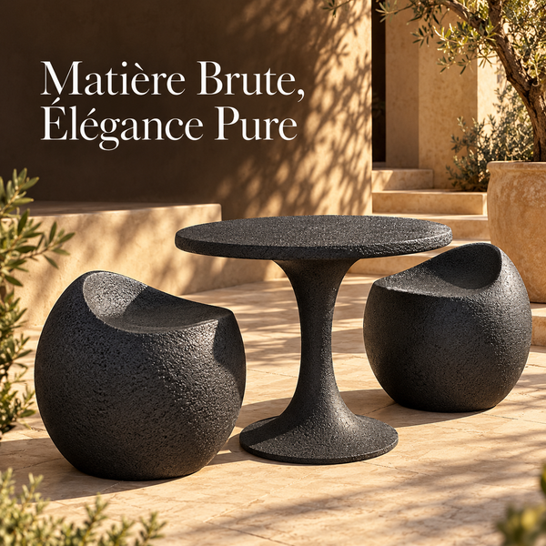 Ensemble bistrot 2 places – Table ronde tulipe et 2 fauteuils galets en finition texturée anthracite