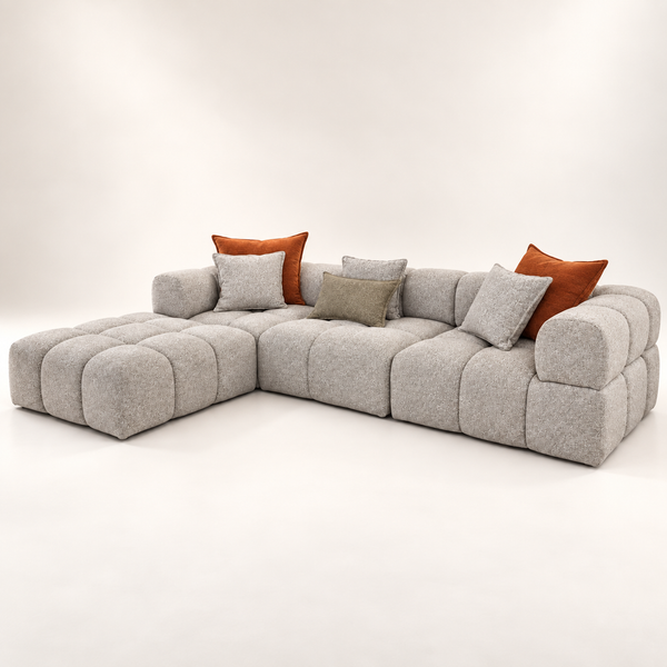 Canapé d'angle modulable Bloc : douceur capitonnée en gris perle