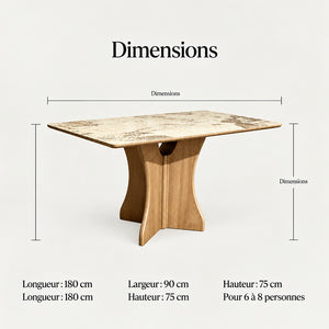Table de salle à manger effet marbre avec piètement sculptural en bois