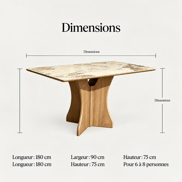 Table de salle à manger effet marbre avec piètement sculptural en bois