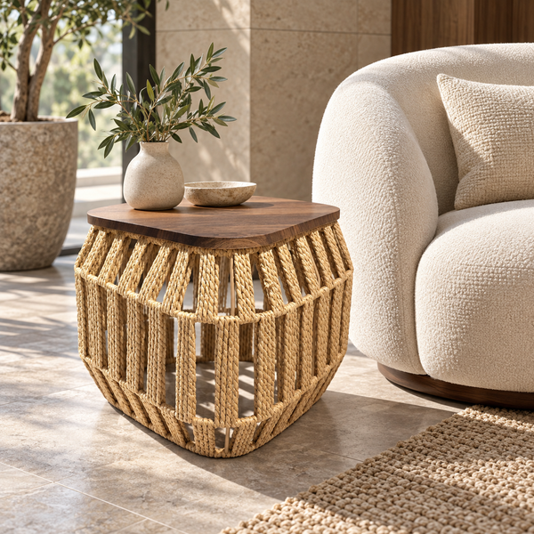 Table d'appoint « Raphia » en corde tressée – Plateau triangulaire en bois effet noyer