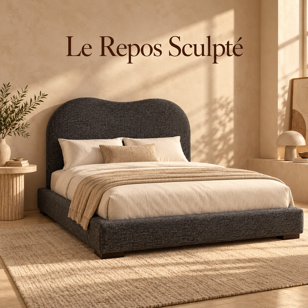 Lit tapissé à tête de lit ondulée – Tissu chiné gris anthracite et cadre bas rembourré5