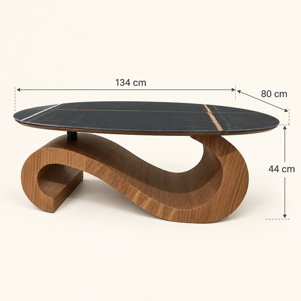 Table basse sculpturale en S – Base en noyer et plateau ovale noir effet marbre