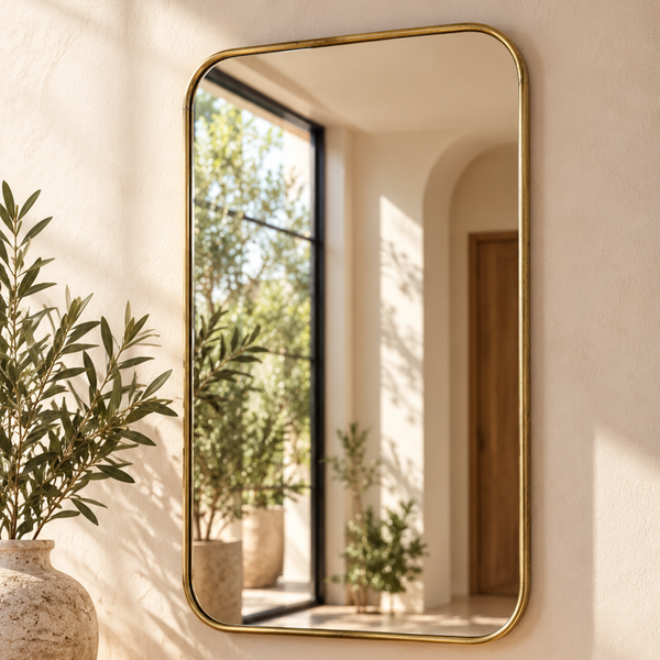 Miroir mural « Laiton » rectangulaire aux angles arrondis – Cadre fin en laiton doré