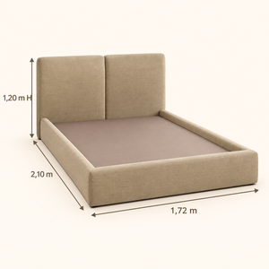Lit Plateforme Beige Sable en Tissu Texturé, Tête de Lit Haute à Deux Panneaux