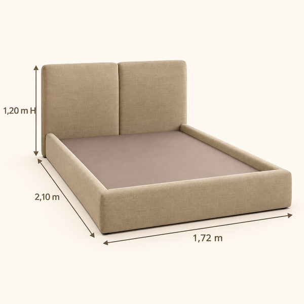 Lit Plateforme Beige Sable en Tissu Texturé, Tête de Lit Haute à Deux Panneaux