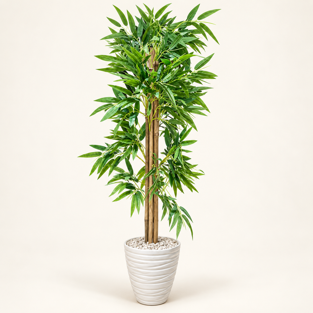 Bambou Artificiel Géant à Tiges Naturelles avec Pot Blanc Ondulé