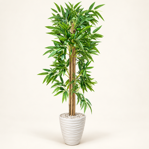 Bambou Artificiel Géant à Tiges Naturelles avec Pot Blanc Ondulé
