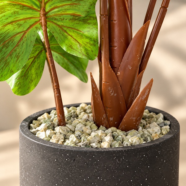 Plante Artificielle Alocasia à Grandes Feuilles Tachetées avec Pot Noir Effet Pierre sur Pied