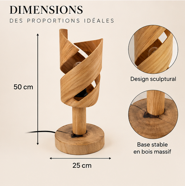 Lampe à poser en bois massif sculpté spirale – Design scandinave contemporain