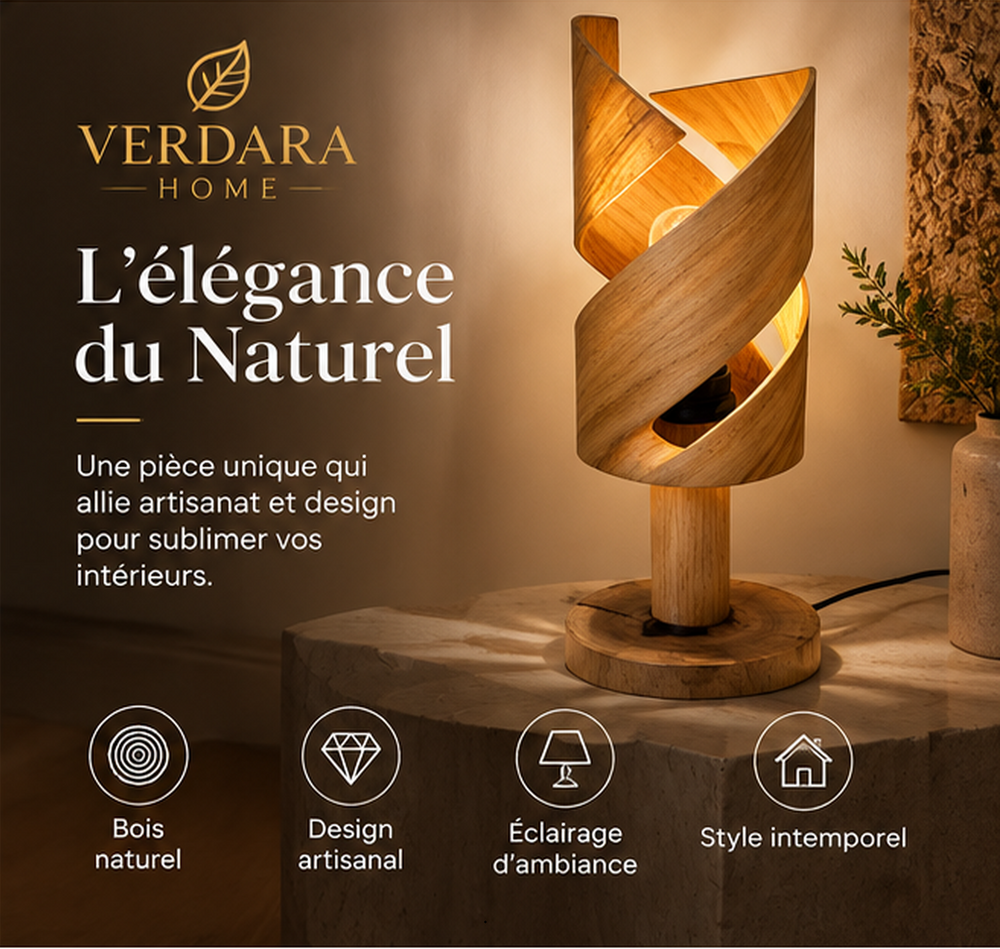 Lampe à poser en bois massif sculpté spirale – Design scandinave contemporain