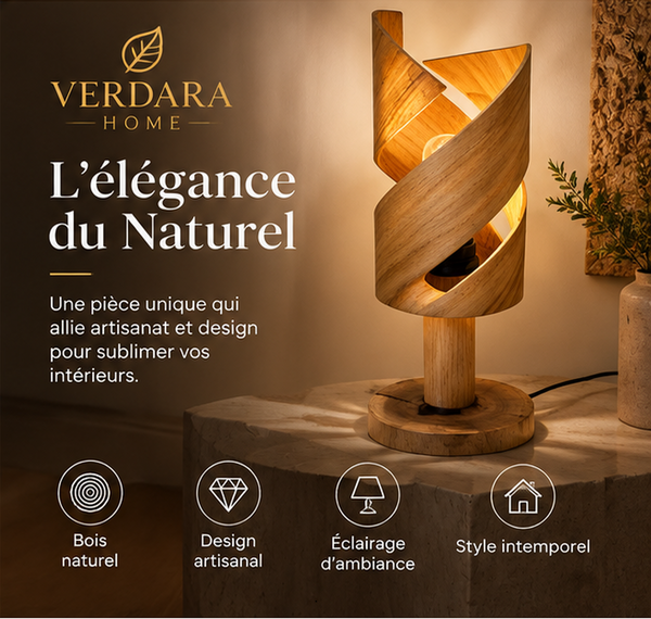 Lampe à poser en bois massif sculpté spirale – Design scandinave contemporain