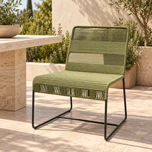 Fauteuil lounge en corde tressée – Structure luge en métal noir et assise vert olive