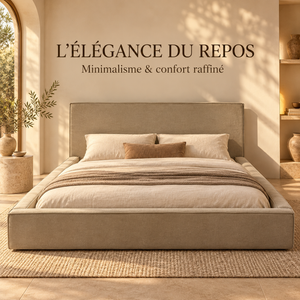 Lit Plateforme Taupe en Velours Ras, Tête de Lit Droite avec Passepoil