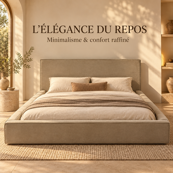 Lit Plateforme Taupe en Velours Ras, Tête de Lit Droite avec Passepoil