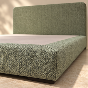 Lit Plateforme Vert Sauge en Tissu Bouclé, Tête de Lit Haute aux Angles Arrondis