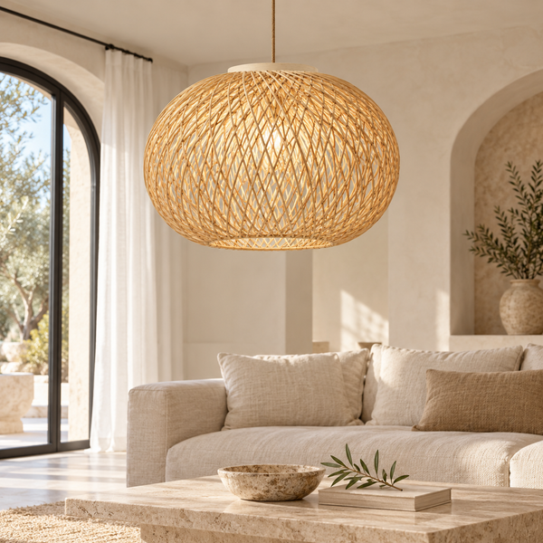 Suspension « Soleil » en rotin tressé – Abat-jour boule ajouré, finition naturelle