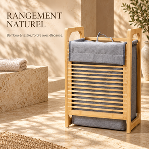 Panier à linge sur structure en bambou – Sac en tissu gris amovible