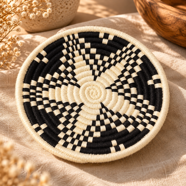 Panier de rangement rond tressé main – Fil écru et noir, motif damier graphique en spirale
