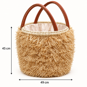 Panier cabas « Raphia » frangé – Anses en cuir et doublure en tissu