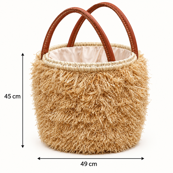 Panier cabas « Raphia » frangé – Anses en cuir et doublure en tissu