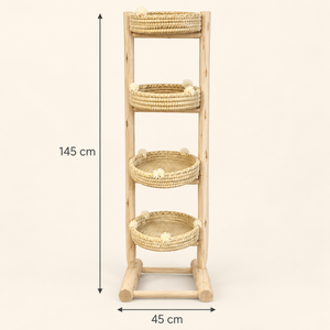 Étagère debout en bois naturel – 4 paniers tressés à pompons, style bohème et artisanal