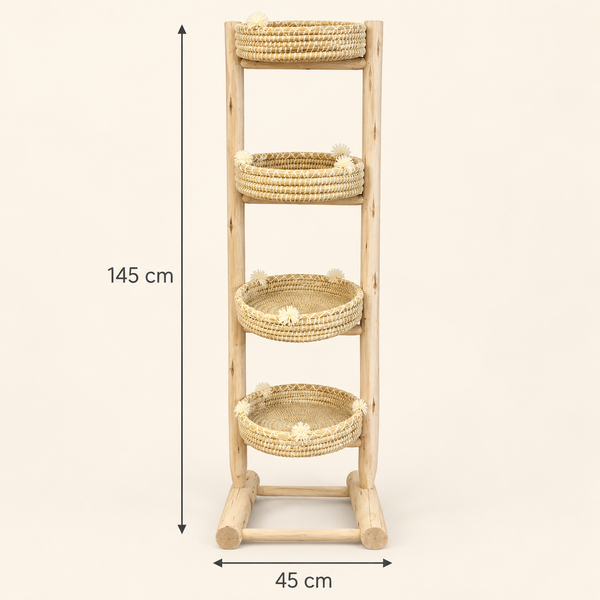 Étagère debout en bois naturel – 4 paniers tressés à pompons, style bohème et artisanal