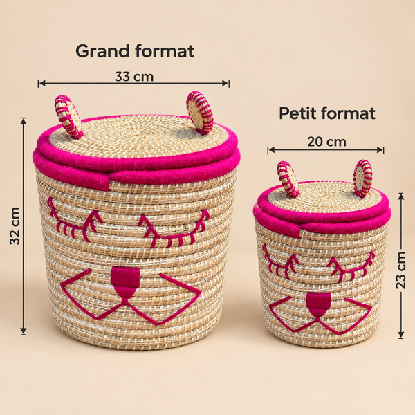 Set de 2 paniers de rangement chaton avec couvercle, fibres naturelles et fil rose fuchsia, pour chambre d'enfant