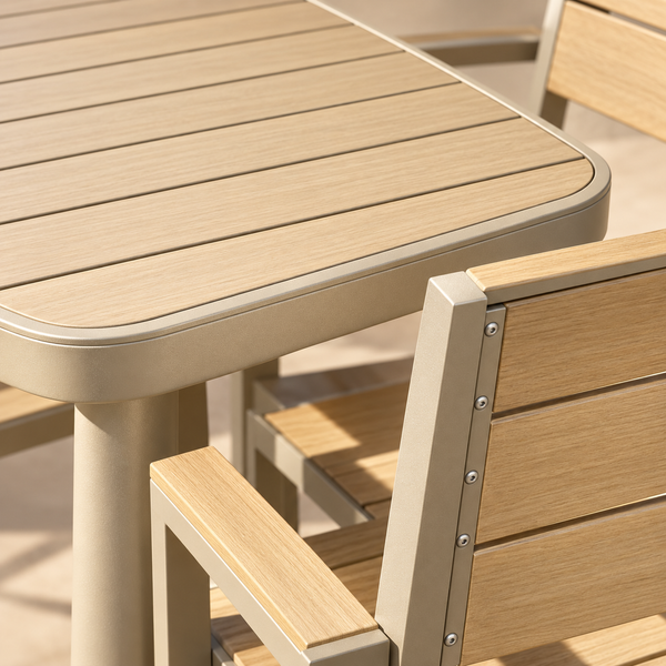 Salon de jardin 6 places – Table rectangulaire et 6 fauteuils en aluminium beige et lattes effet bois