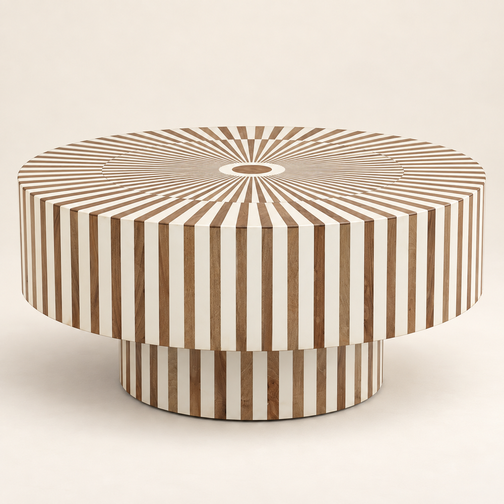 Table Basse Ronde à Rayures Rayonnantes en Bois et Résine Blanche