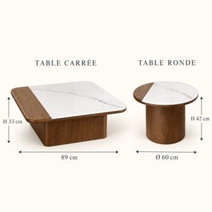 Ensemble de tables basses gigognes – Noyer et plateaux bicolores effet marbre blanc