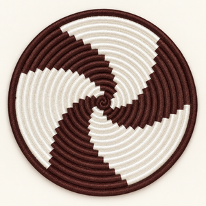 Panier de rangement rond tressé main – Fil marron et blanc, motif graphique en spirale bicolore