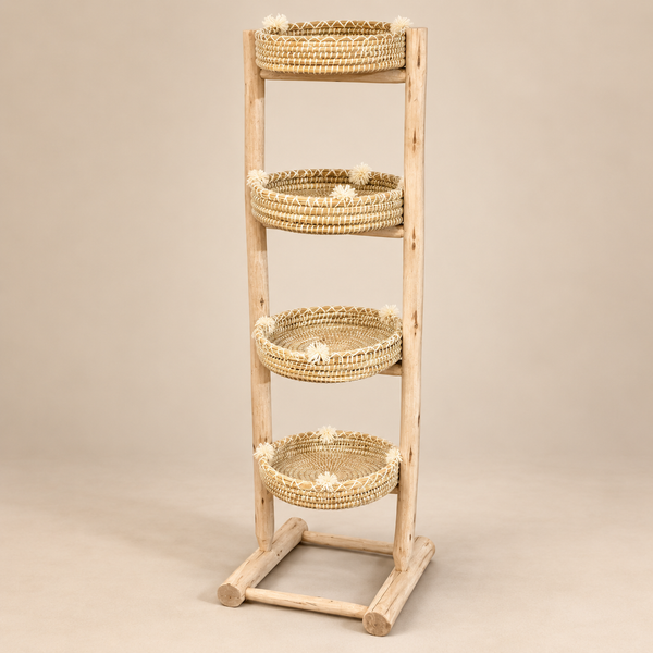 Étagère debout en bois naturel – 4 paniers tressés à pompons, style bohème et artisanal