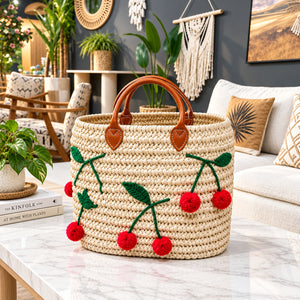 Panier Cabas en Paille Tressée avec Cerises Brodées et Anses en Cuir