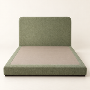 Lit Plateforme Vert Sauge en Tissu Bouclé, Tête de Lit Haute aux Angles Arrondis