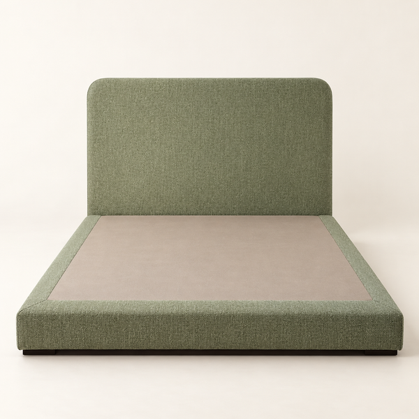 Lit Plateforme Vert Sauge en Tissu Bouclé, Tête de Lit Haute aux Angles Arrondis