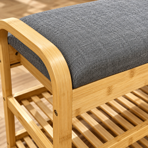 Banc à chaussures en bambou avec assise rembourrée gris – Rangement 2 niveaux & poignées courbes