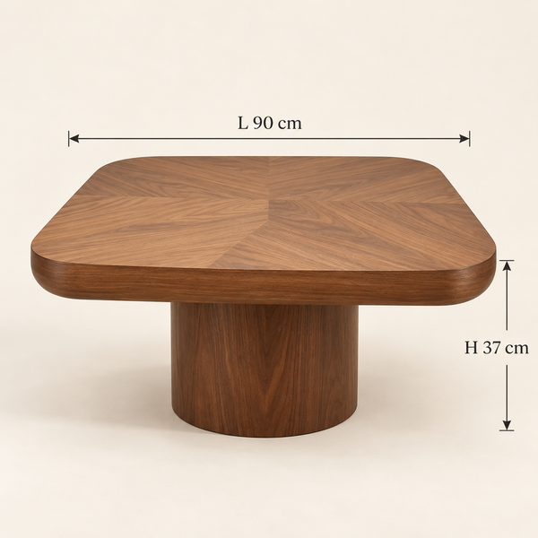 Table basse carrée en bois noir – Pied central cylindrique & veinures apparentes