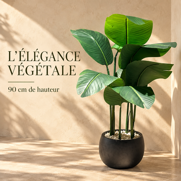 Plante Artificielle Strelitzia (Oiseau de Paradis) avec Pot Rond Noir Effet Béton