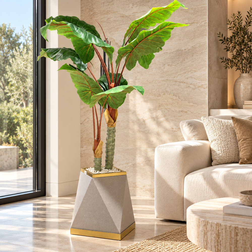 Plante Artificielle Tropicale à Double Tronc avec Pot Géométrique Gris Effet Terrazzo et Liserés Dorés