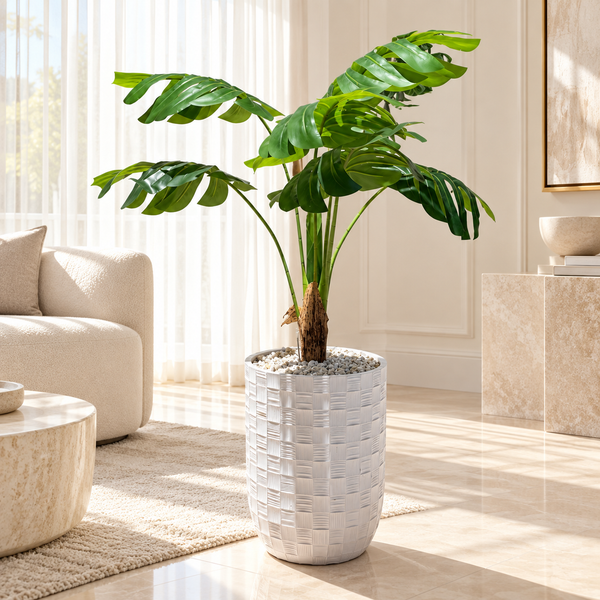 Monstera Artificiel avec Grand Pot Blanc Texturé à Motif Damier