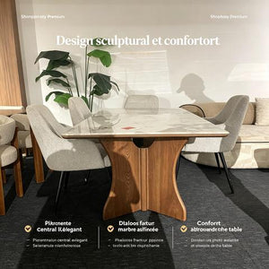 Table de salle à manger effet marbre avec piètement sculptural en bois