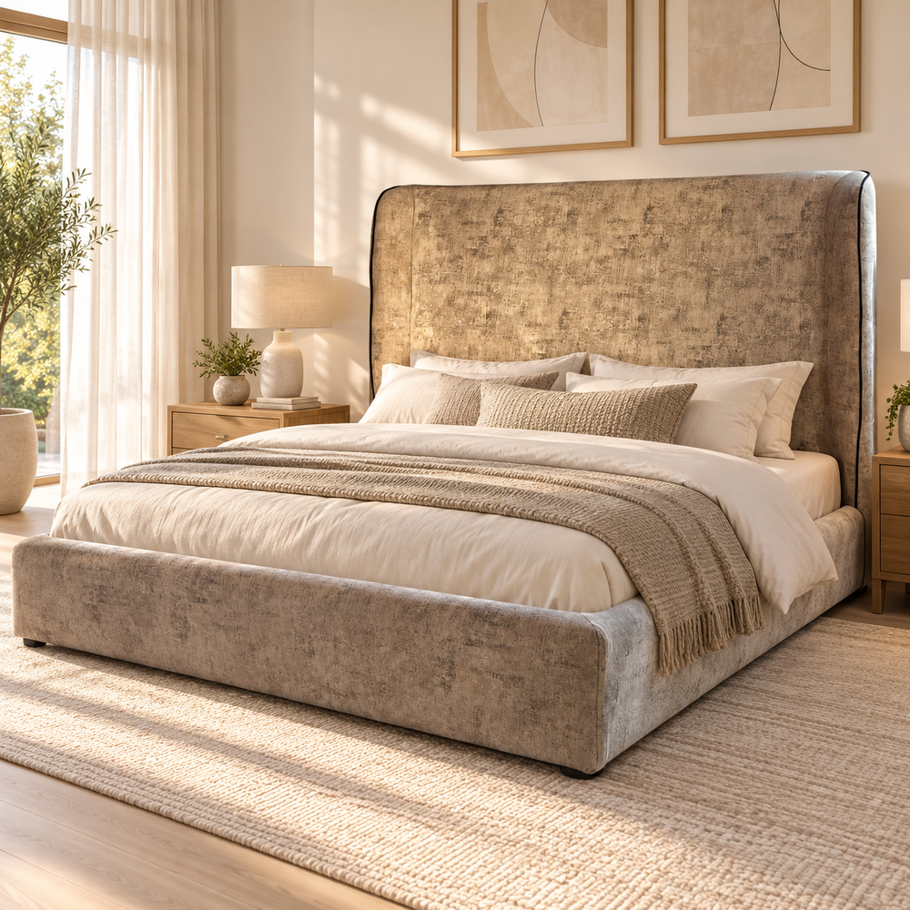 Lit Plateforme à Tête de Lit Oreilles en Velours Vieilli Taupe, Liseré Noir
