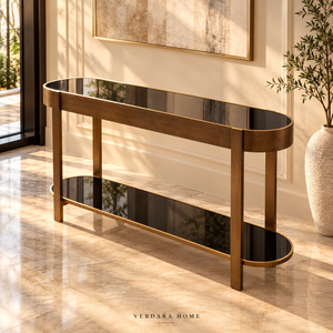 Console « Élysée » ovale en bois et laiton – Plateaux en verre noir, double niveau