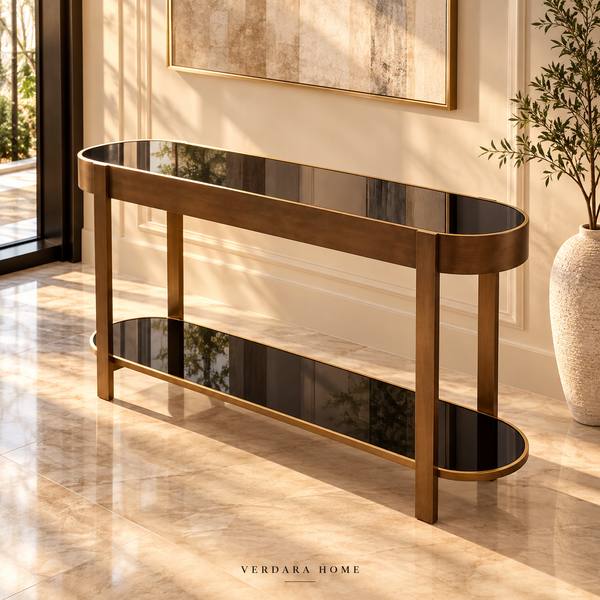 Console « Élysée » ovale en bois et laiton – Plateaux en verre noir, double niveau